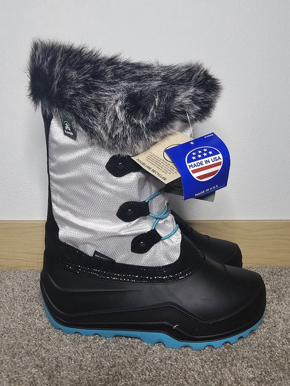 Kids Winter Snow Boots with Faux Fur - Black & Silver